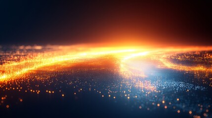 Abstract Data Stream Vibrant Neon Yellow, Orange, And Blue Particles Flowing. Visualization