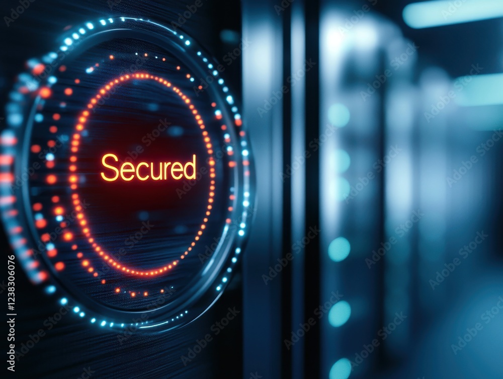 Poster close-up of digital security indicator in a modern server room, showcasing advanced technology and d