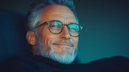 Obraz premium An elegant overhead perspective featuring gentle lighting, spotlighting the manâ€™s genuine smile and polished frames in a calm environment,