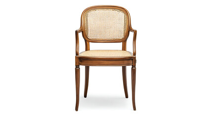 A wooden chair with a woven seat cushion