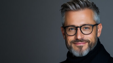 Obraz premium An elegant overhead perspective featuring gentle lighting, spotlighting the manâ€™s genuine smile and polished frames in a calm environment,