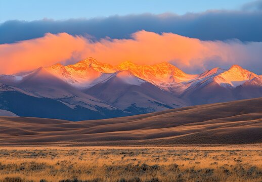 A vast desert landscape with rolling dunes under the warm glow of an orange sun, with fluffy white clouds in the blue sky. 