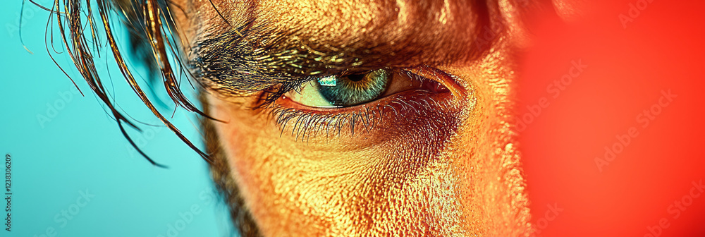 Poster a refined close-up focusing on the reflection in his lenses, while his soft smile and relaxed postur