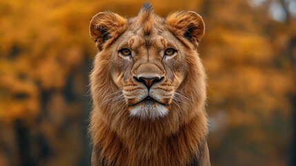 Fototapeta premium Majestic African Lion Against Autumnal Background