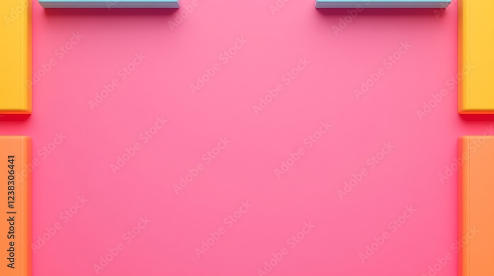 Poster vibrant pink background with colorful geometric shapes creating an abstract modern composition