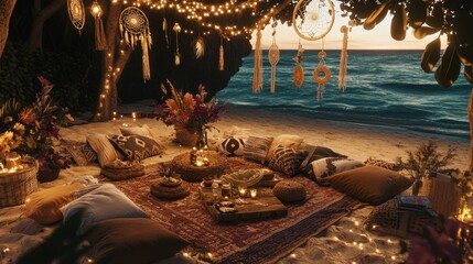 102.A festive boho-themed bachelorette party on the beach, with a cozy picnic setup that includes pillows, blankets, and rustic decor like woven baskets and flowers. The scene is decorated with