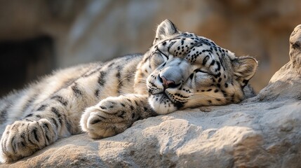 Fototapeta premium A majestic snow leopard lies comfortably on a warm rock, enjoying the afternoon sun in a serene mountain setting, surrounded by natural beauty and tranquility