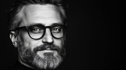 A crisp black-and-white treatment accentuating the manâ€™s warm grin and refined eyewear, his eyes engaging the viewer directly,