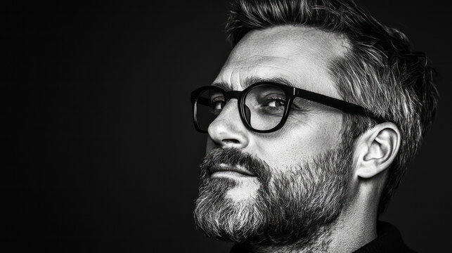 A crisp black-and-white treatment accentuating the manâ€™s warm grin and refined eyewear, his eyes engaging the viewer directly,