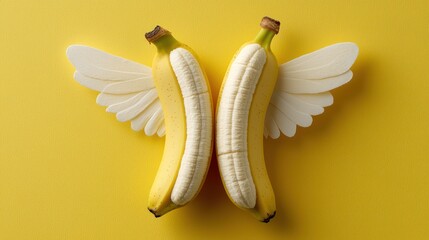 Two bananas with wings on a yellow background, creating a playful and whimsical design.