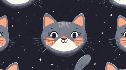 Cute cat faces float in starry space; seamless pattern for textile