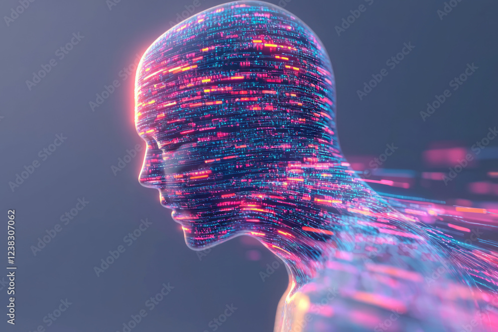 Poster a cinematic 3d render of a translucent human figure with bright neon lines weaving across the body, 