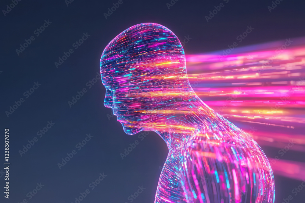 Poster a cinematic 3d render of a translucent human figure with bright neon lines weaving across the body, 