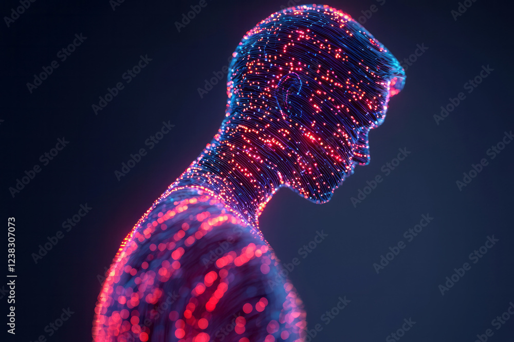 Poster a cinematic 3d render of a translucent human figure with bright neon lines weaving across the body, 