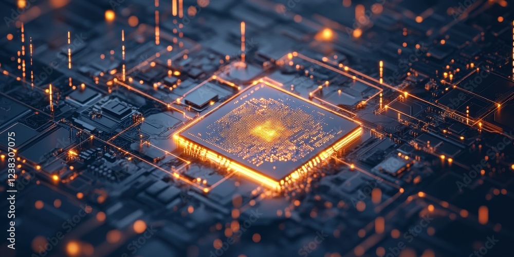 Poster close-up view of a glowing microchip, showcasing intricate circuits and glowing nodes, symbolizing a