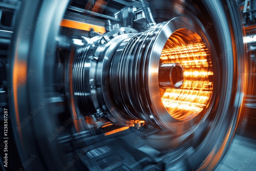 Poster close-up view of a turbine engine showcasing complex machinery and dynamic movement with vibrant, gl