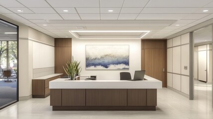 Sleek and modern healthcare office with a minimalist desk, open laptop, and medical documents, professional clinical setting.