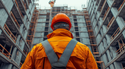 Construction worker in an orange safety uniform and helmet inspecting high-rise building under construction. Perspective from behind emphasizes scale of project and the worker's role in development
