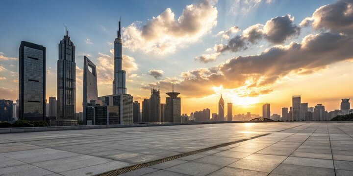 Personless cityscape at sunset with skyscrapers and clouds, skyscraper, architectural wonder