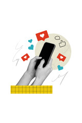 Vertical creative composite abstract photo collage of fingers typing messages on smartphone in...