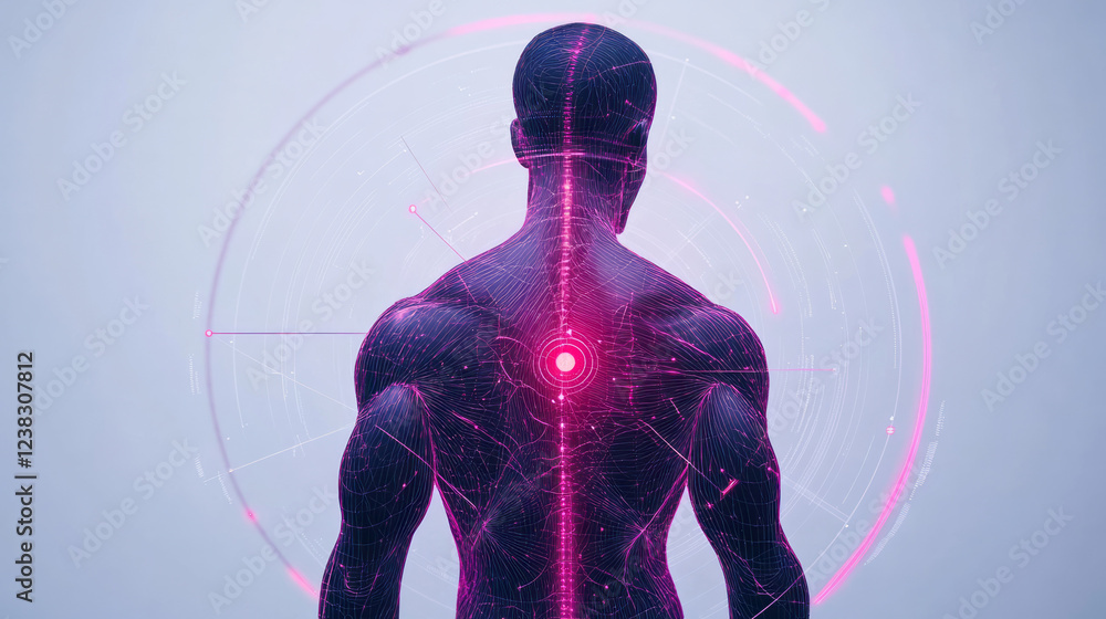Poster A bold, vertical layout depicting a fully digitized body from the front, segments of glowing lines highlighting anatomical sections,