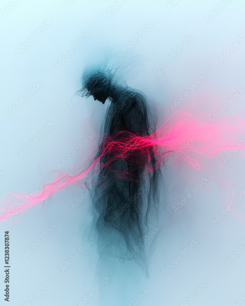 Poster an artistic perspective of a partial figure, the torso and arms delineated by pulsing teal and pink 