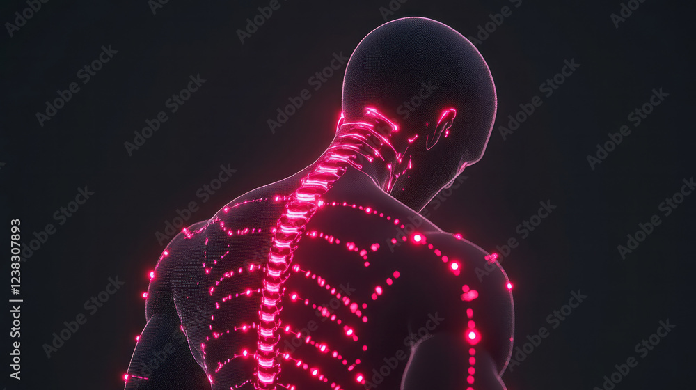 Poster A bold, vertical layout depicting a fully digitized body from the front, segments of glowing lines highlighting anatomical sections,