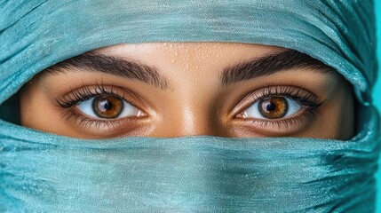 Naklejka premium Close-up of eyes framed by a teal scarf, conveying emotion and cultural identity.