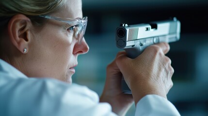 Fototapeta premium A woman in a lab coat aims a handgun, showcasing a tense moment in a scientific or security context.