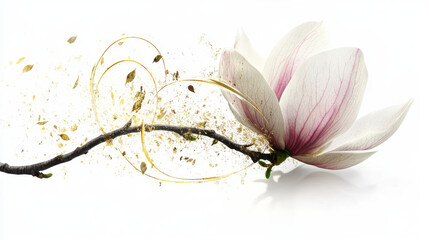 Colorful Magnolia Flower With Swirling Golden Leaves in a Serene Composition