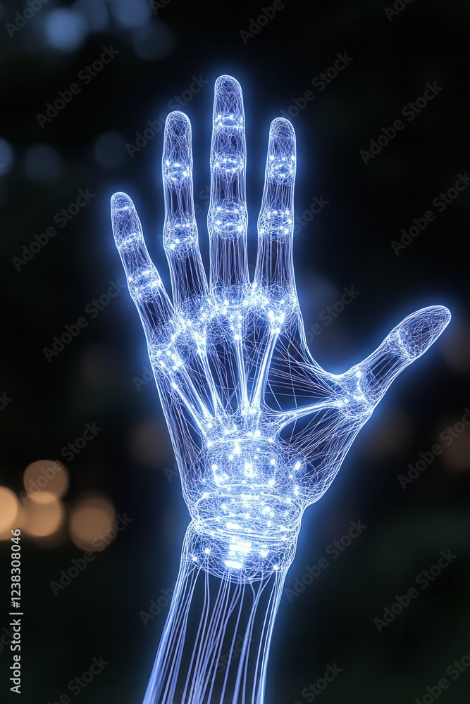 Poster A macro-like approach focusing on a glowing hand, each fingerâ€™s outline traced by bright lines, seamlessly blending into a fully lit digital arm,