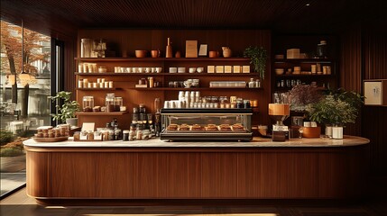 Modern Coffee Shop Interior With Wooden Shelving And Display Case