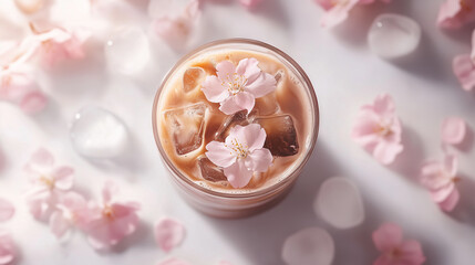 春色カフェオレと咲き誇る桜の花びら | トップビュー構図