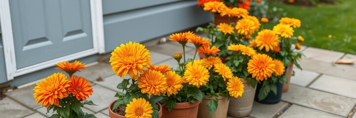 Fototapeta premium Potted mums in vibrant orange and yellow hues on a concrete patio, yellow, potted