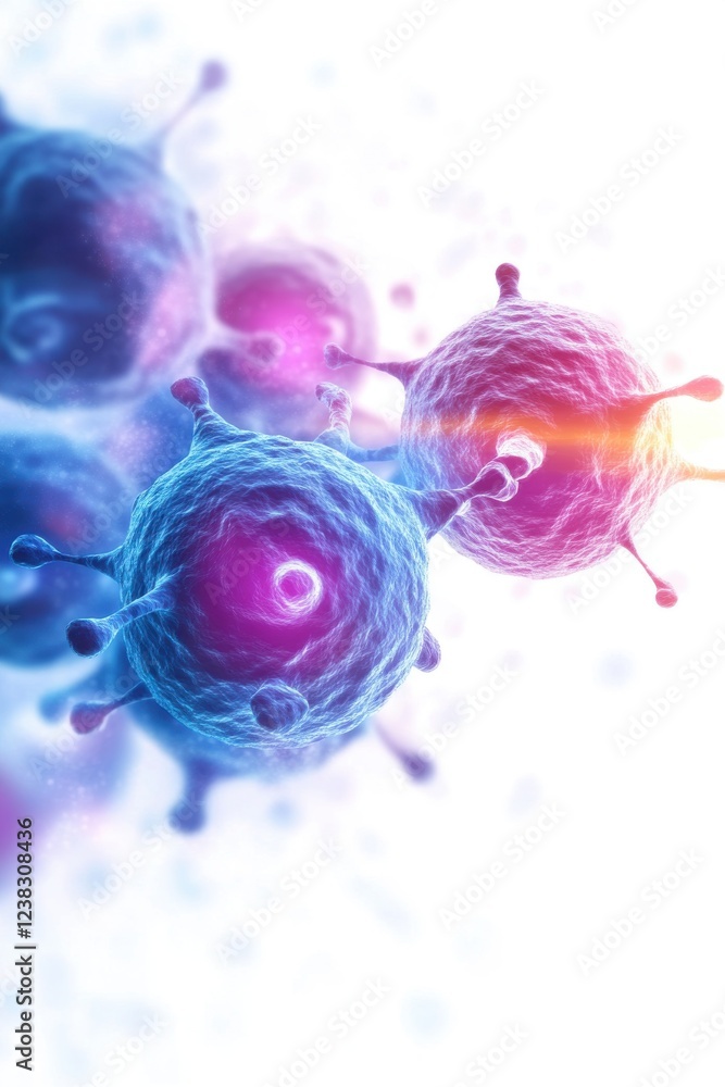 Poster colorful representation of cells interacting at a molecular level, illustrating the complexity of bi
