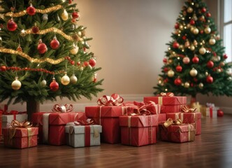 Presents and boxes stacked under the Christmas tree, gifts, Christmas tree, presents