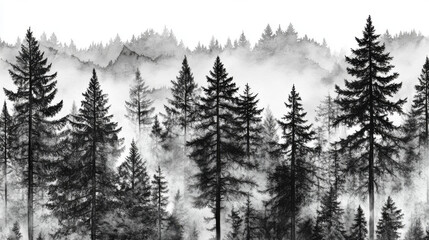 Misty Forest Landscape With Tall Evergreens and Soft Fog Enveloping the Trees in Early Morning Light