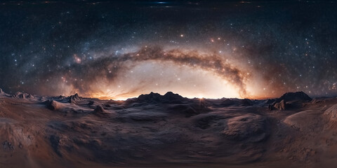 Naklejka premium the surface of the moon in the foreground, an HDRI panorama of the universe and beautiful stars, the Milky Way, planets, 360 degree space background with nebula and stars, equirectangular projection, 
