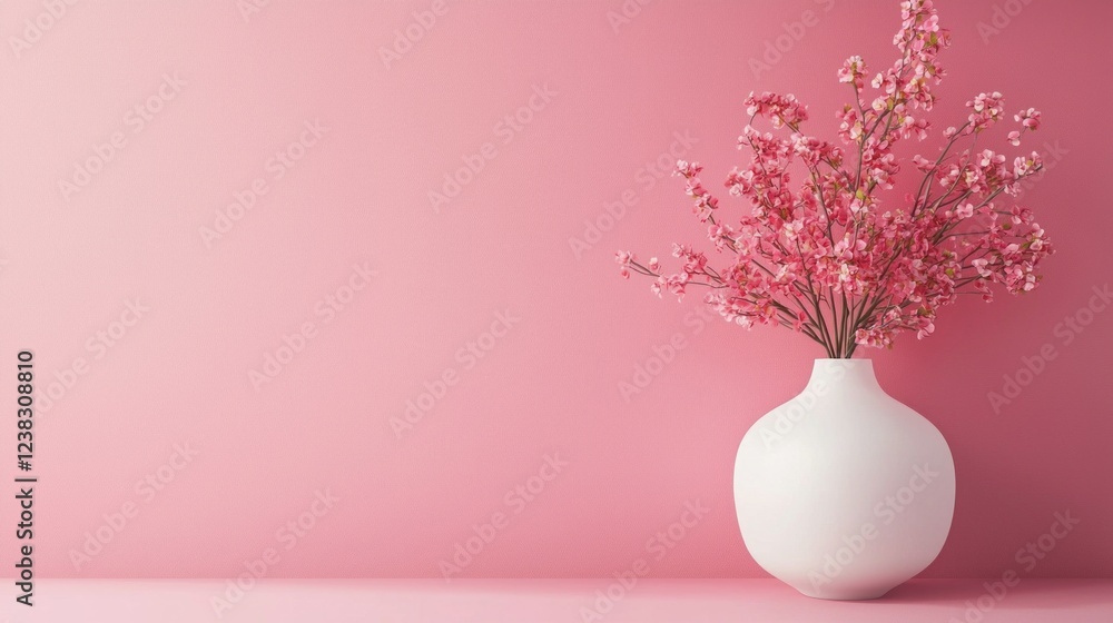 Aufkleber delicate pink flowers spring forth from a smooth white vase, standing in harmony against a soft pink
