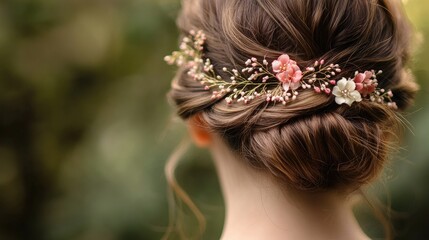 Close-up of a young woman's hair, adorned with a beautiful floral hair clip, creating an elegant look.