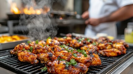 Naklejka premium Sizzling Homecook Chicken Wings Kitchen Grill Professional Photography Culinary Scene Close-Up Food Art