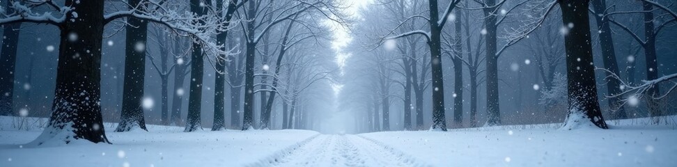 Naklejka premium Snowflakes gently fall onto the silent forest, white snowfall, gentle flakes, frosty atmosphere