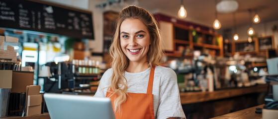 Small business owner managing taxes while smiling in a cozy cafe during daytime hours