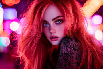Fototapeta premium A mid-range portrait emphasizing the contrast between her bright hair and a faint, multi-colored bokeh from the cityâ€™s neon signs,