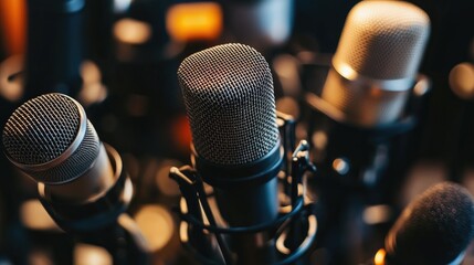 Obraz premium Close-up of different microphones on a table, highlighting their unique textures and designs.