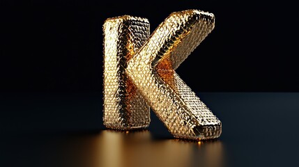 A three-dimensional golden letter "K" with a textured surface, illuminated against a dark background.
