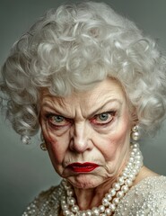 An elderly angry woman with white hair, red lipstick, and a pearl necklace, her wrinkled face expressing frustration and intensity.
