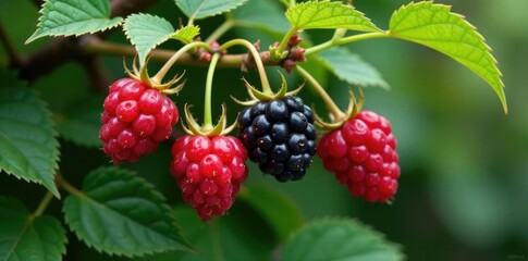 Raspberries and blackberries entwined in a bush, branches, greenery, raspberry