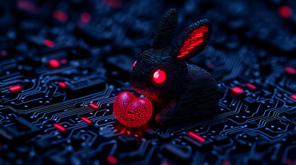 High-tech bunny with glowing red heart in digital landscape. Cyberpunk animal art