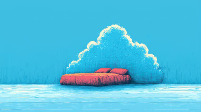 cloud shaped bed floating in surreal blue sky, evoking sense of dreaminess and tranquility. vibrant red bedding contrasts beautifully with soft cloud texture
